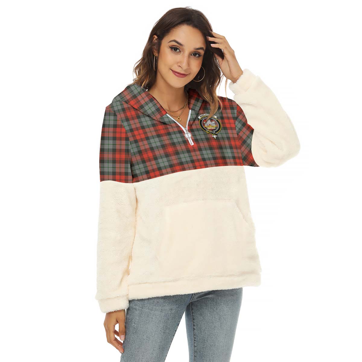 MacLachlan Weathered Tartan Women's Borg Fleece Hoodie With Half Zip with Family Crest Female - Tartan Vibes Clothing