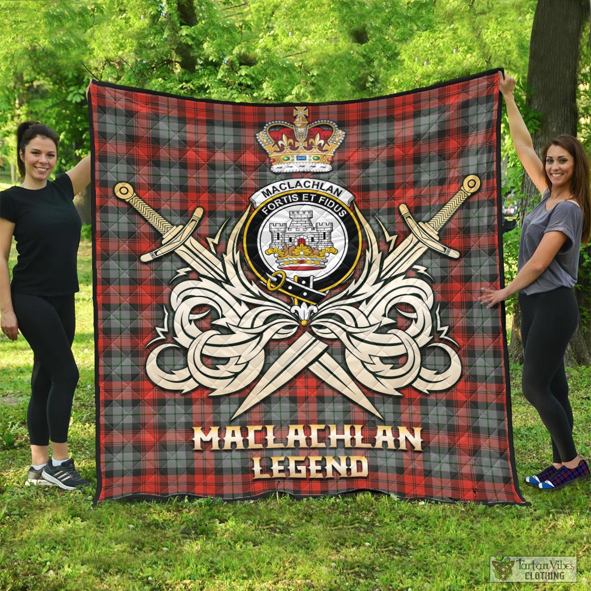 Tartan Vibes Clothing MacLachlan Weathered Tartan Quilt with Clan Crest and the Golden Sword of Courageous Legacy