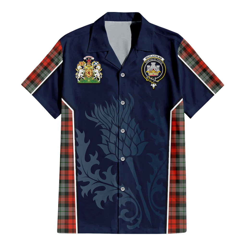 Tartan Vibes Clothing MacLachlan Weathered Tartan Short Sleeve Button Up Shirt with Family Crest and Scottish Thistle Vibes Sport Style