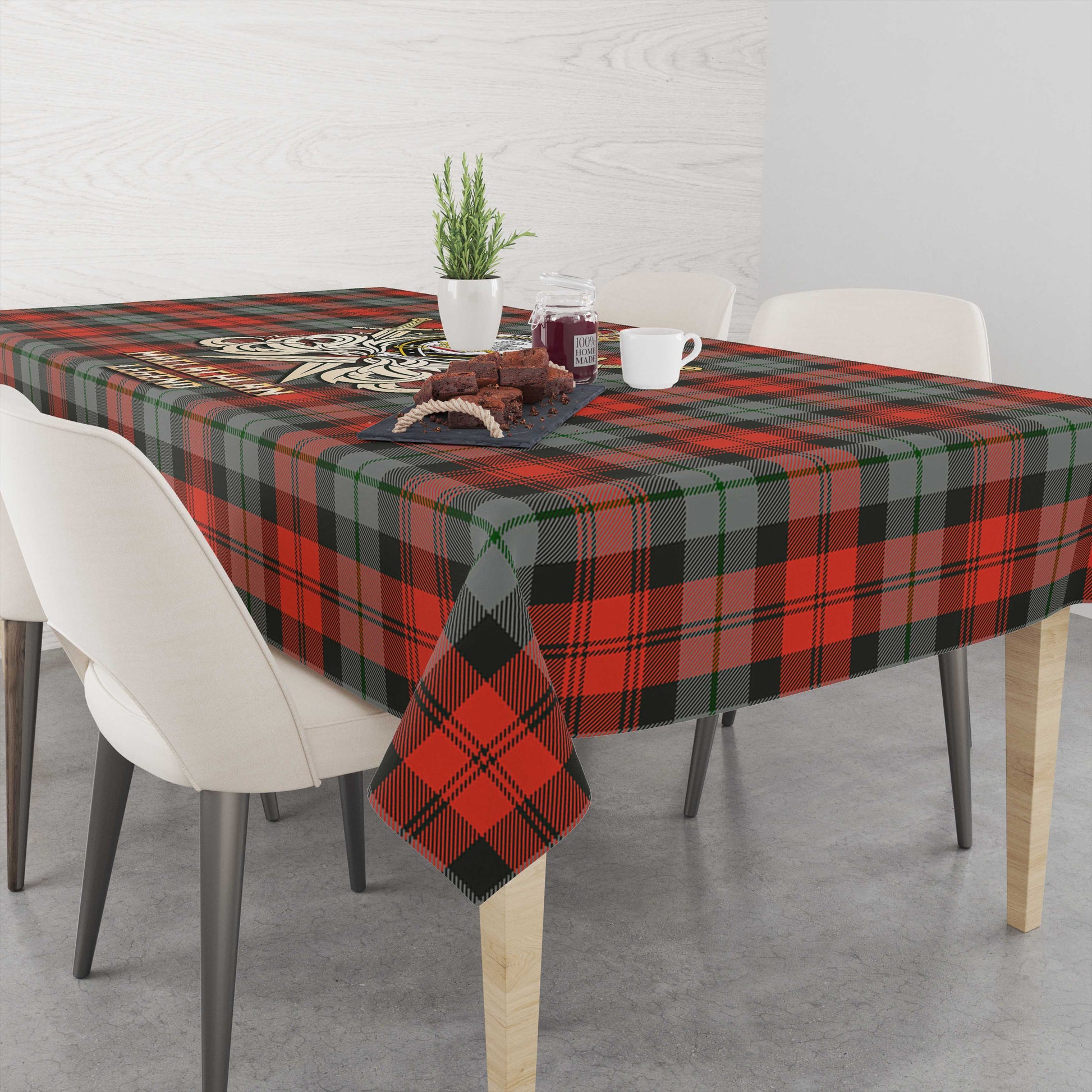 Tartan Vibes Clothing MacLachlan Weathered Tartan Tablecloth with Clan Crest and the Golden Sword of Courageous Legacy