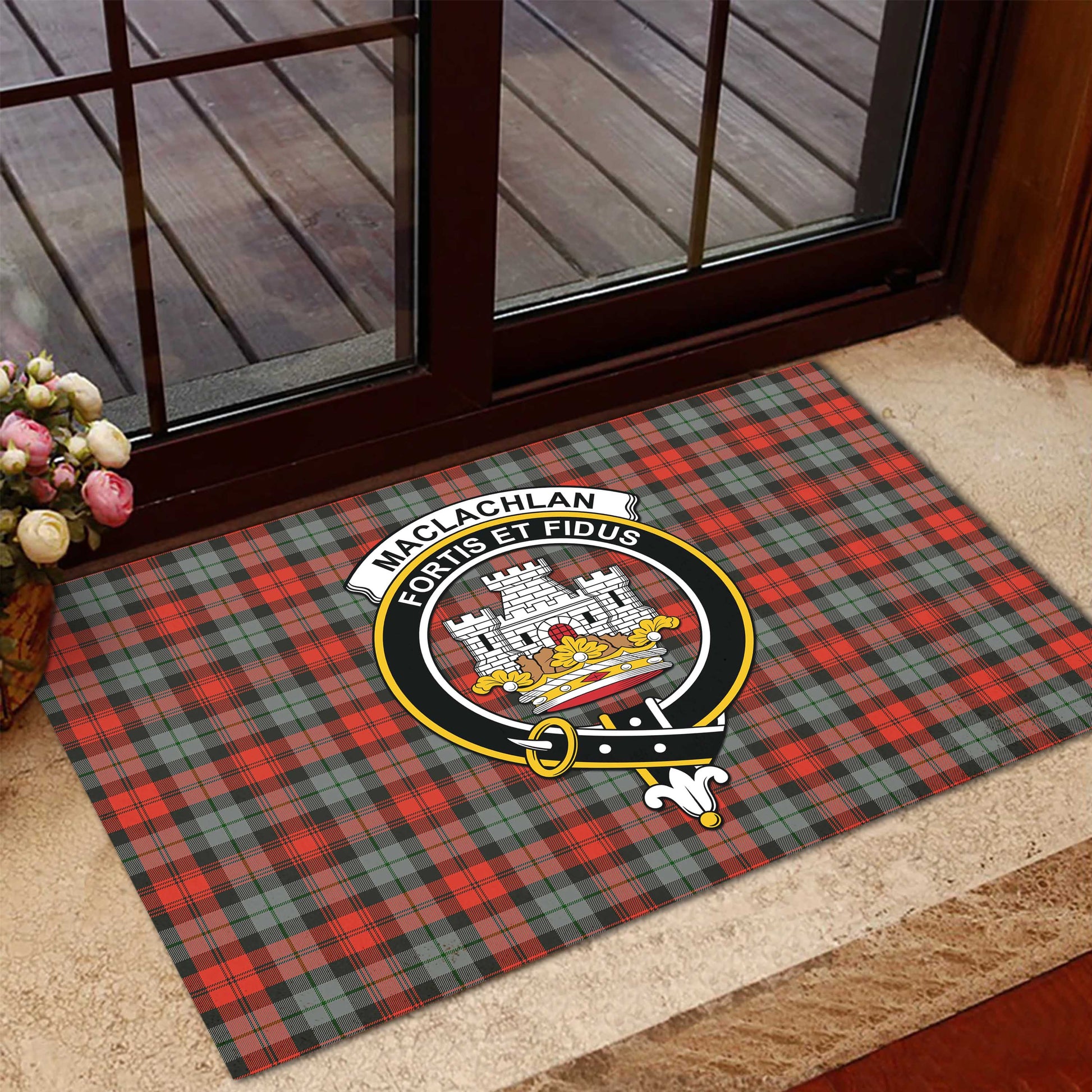 MacLachlan Weathered Tartan Door Mat with Family Crest - Tartanvibesclothing