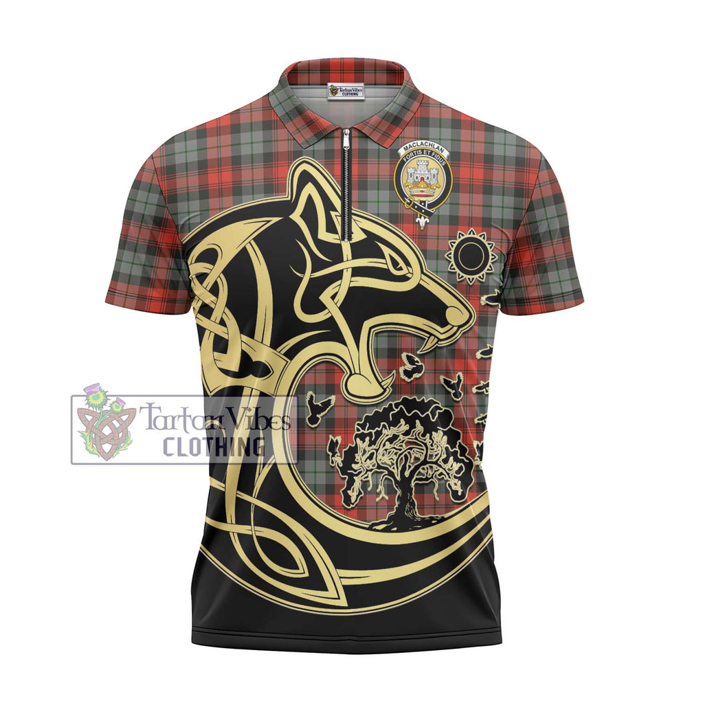 MacLachlan Weathered Tartan Zipper Polo Shirt with Family Crest Celtic Wolf Style - Tartanvibesclothing Shop