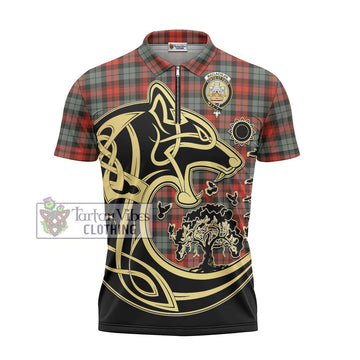 MacLachlan Weathered Tartan Zipper Polo Shirt with Family Crest Celtic Wolf Style