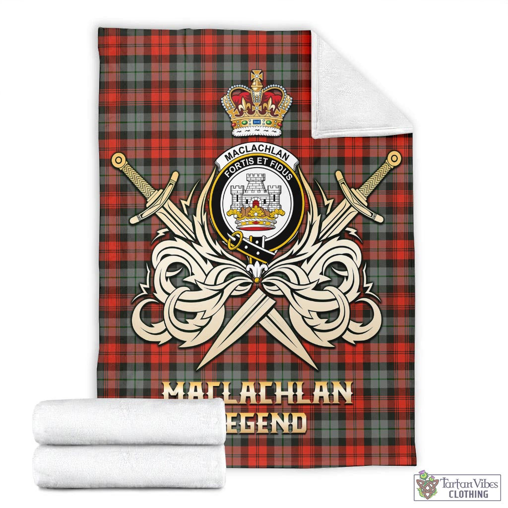 Tartan Vibes Clothing MacLachlan Weathered Tartan Blanket with Clan Crest and the Golden Sword of Courageous Legacy