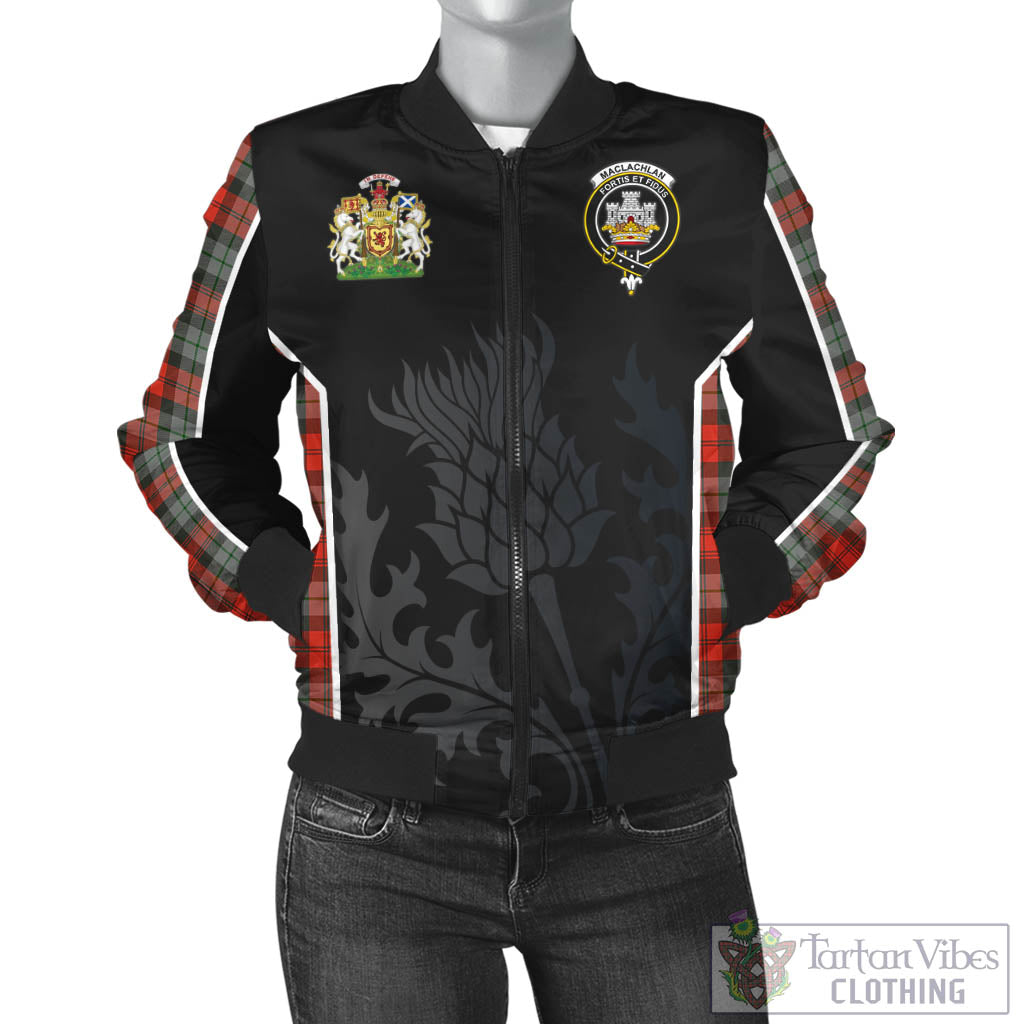 Tartan Vibes Clothing MacLachlan Weathered Tartan Bomber Jacket with Family Crest and Scottish Thistle Vibes Sport Style