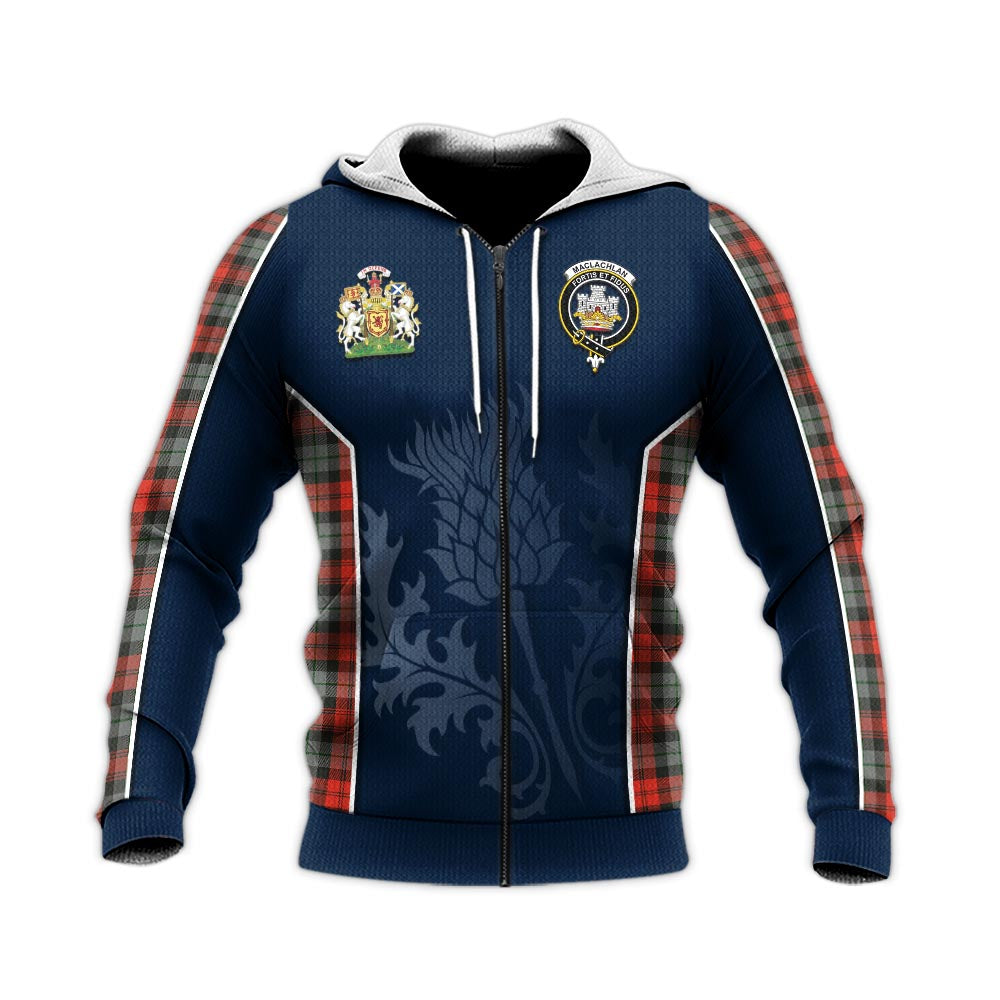 Tartan Vibes Clothing MacLachlan Weathered Tartan Knitted Hoodie with Family Crest and Scottish Thistle Vibes Sport Style