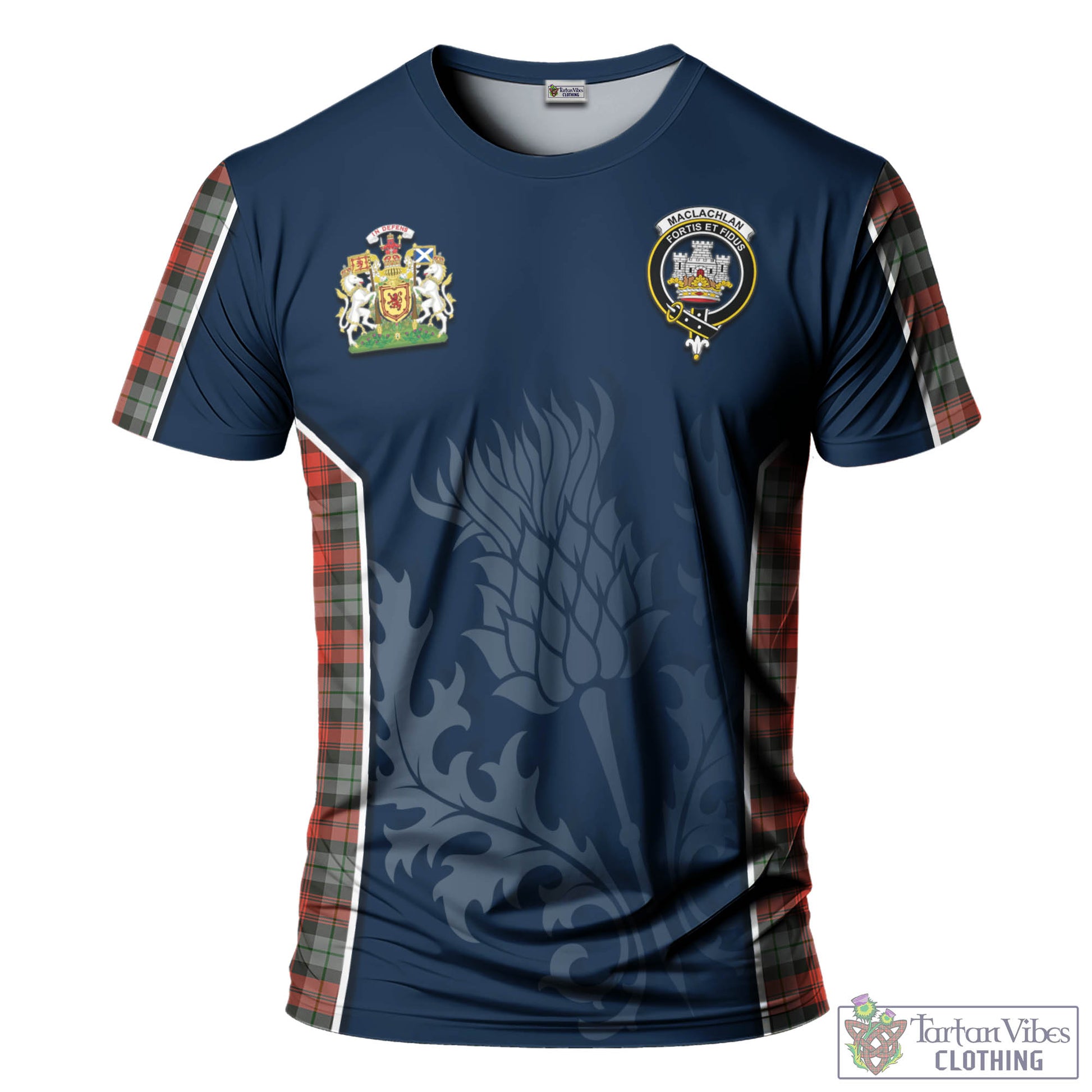 Tartan Vibes Clothing MacLachlan Weathered Tartan T-Shirt with Family Crest and Scottish Thistle Vibes Sport Style