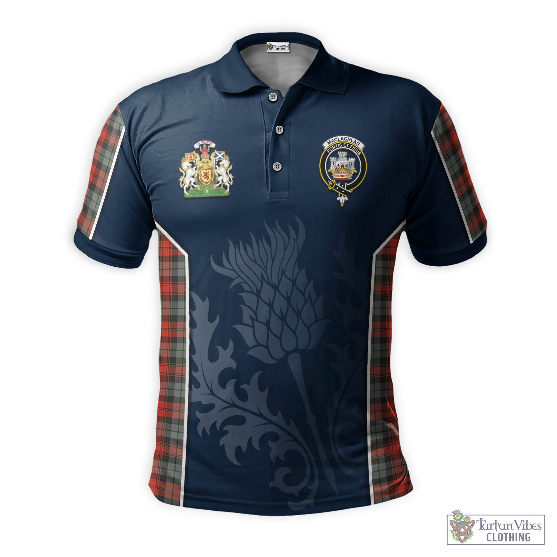 Tartan Vibes Clothing MacLachlan Weathered Tartan Men's Polo Shirt with Family Crest and Scottish Thistle Vibes Sport Style