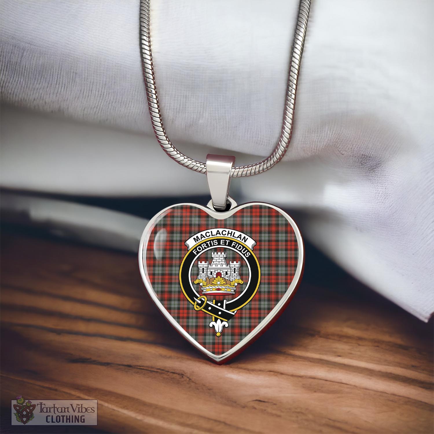 Tartan Vibes Clothing MacLachlan Weathered Tartan Heart Necklace with Family Crest