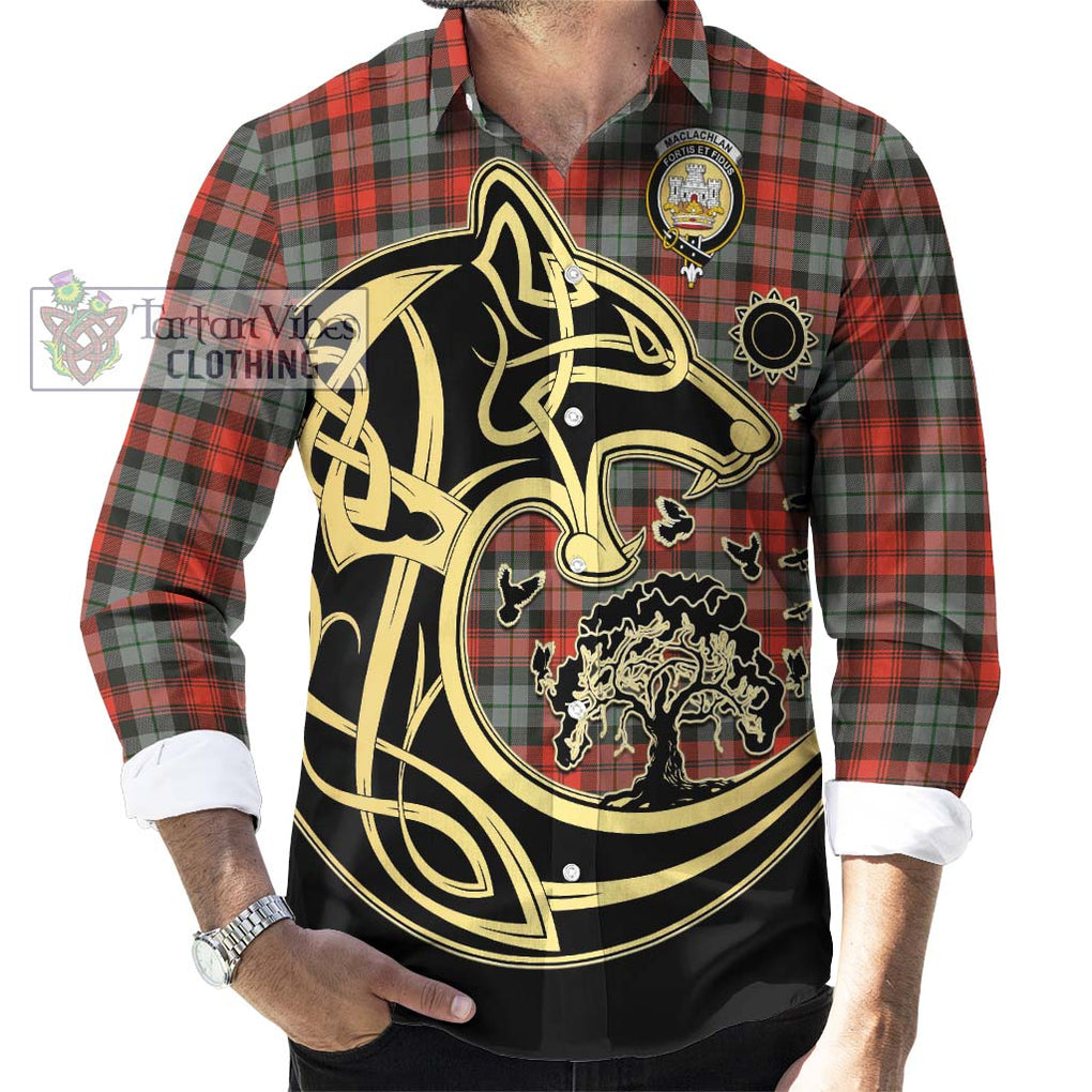 MacLachlan Weathered Tartan Long Sleeve Button Shirt with Family Crest Celtic Wolf Style - Tartan Vibes Clothing