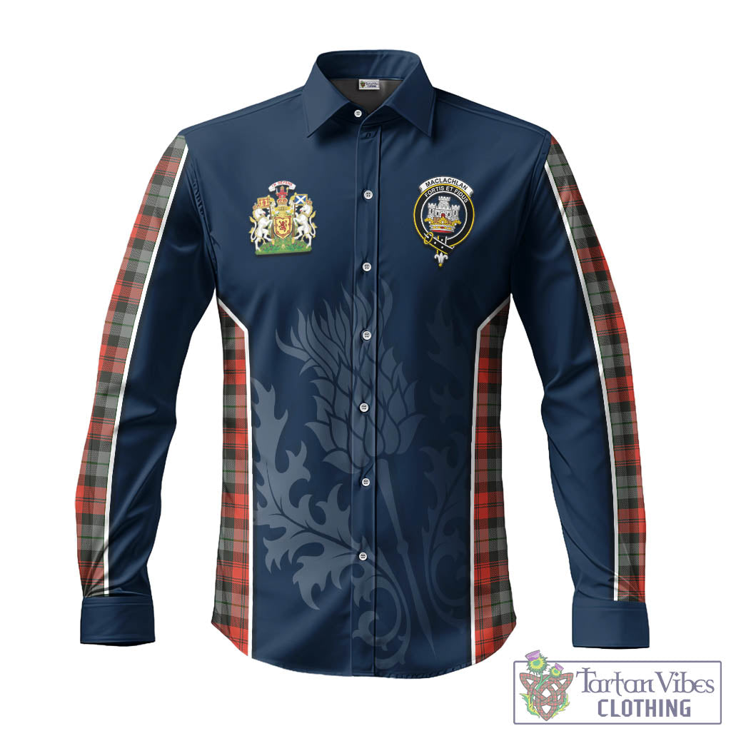 Tartan Vibes Clothing MacLachlan Weathered Tartan Long Sleeve Button Up Shirt with Family Crest and Scottish Thistle Vibes Sport Style