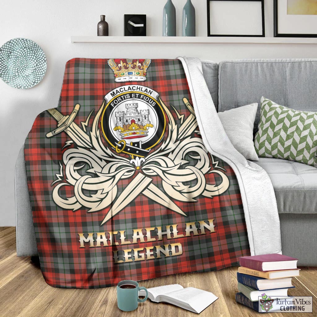 Tartan Vibes Clothing MacLachlan Weathered Tartan Blanket with Clan Crest and the Golden Sword of Courageous Legacy