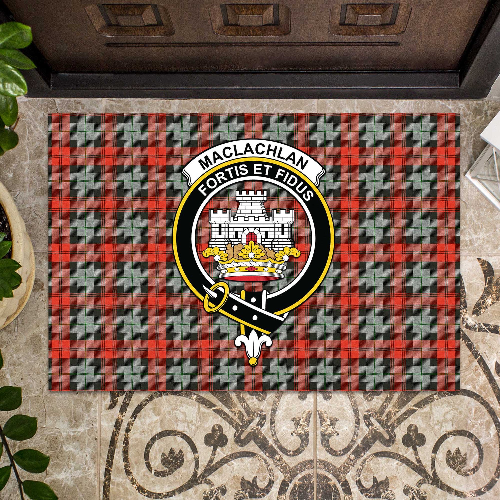 MacLachlan Weathered Tartan Door Mat with Family Crest - Tartanvibesclothing