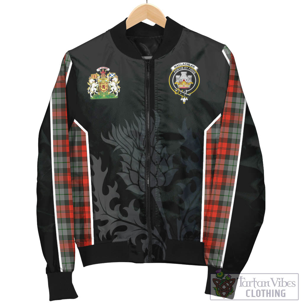 Tartan Vibes Clothing MacLachlan Weathered Tartan Bomber Jacket with Family Crest and Scottish Thistle Vibes Sport Style