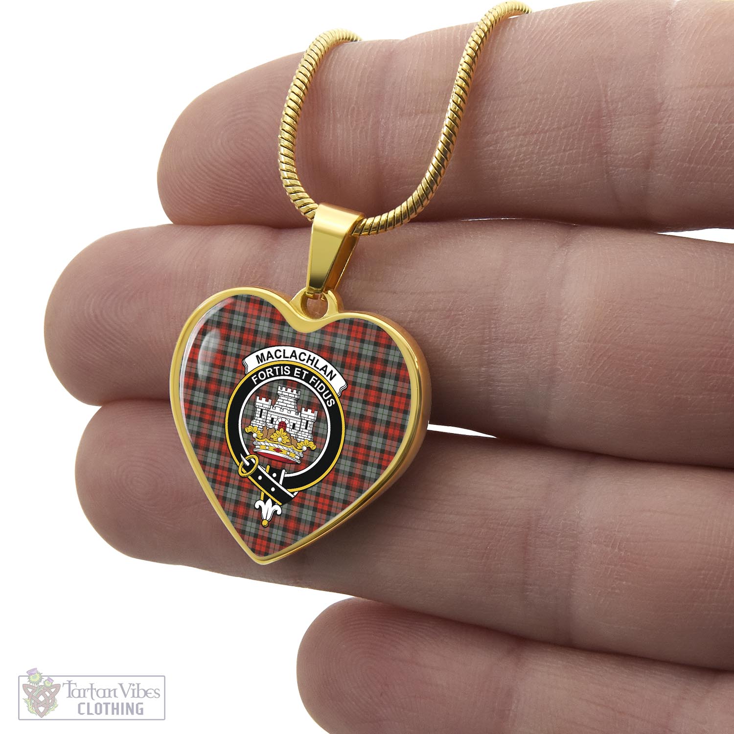 Tartan Vibes Clothing MacLachlan Weathered Tartan Heart Necklace with Family Crest