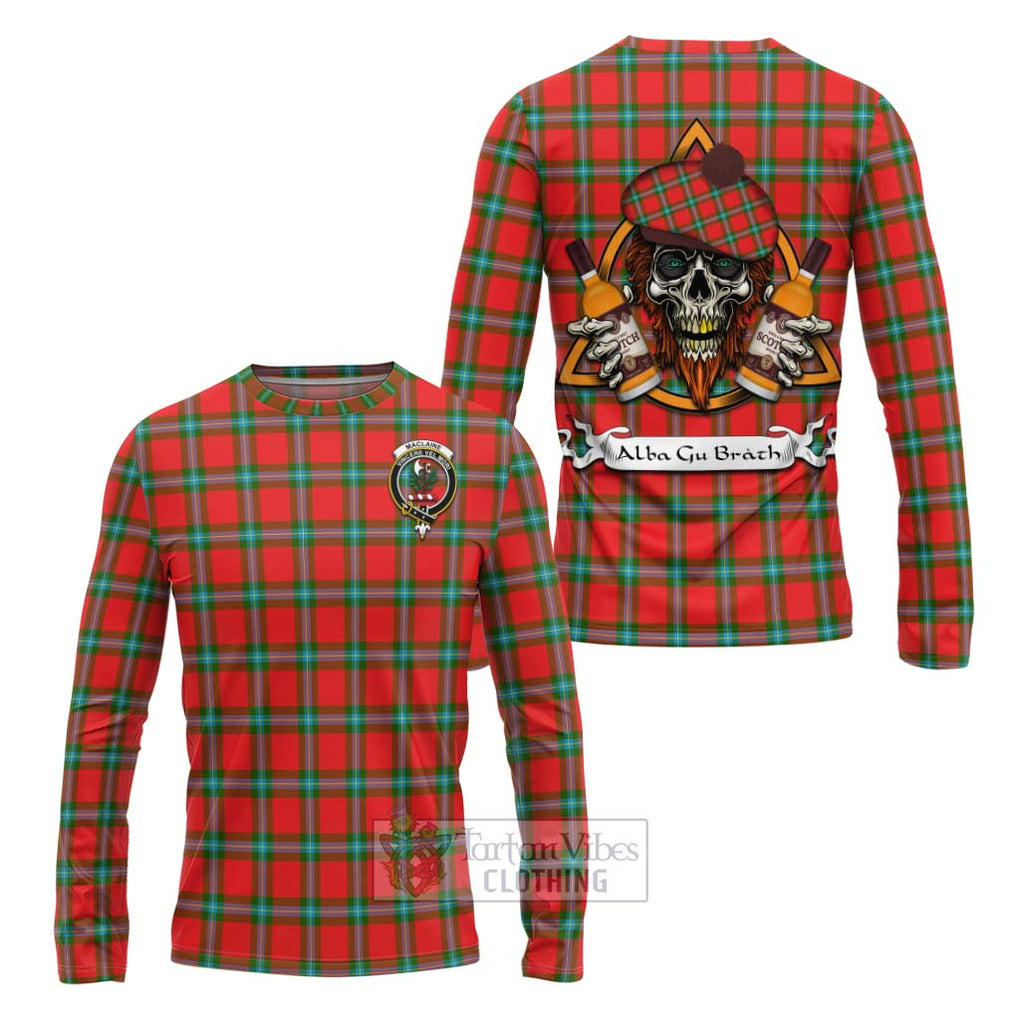 Tartan Vibes Clothing MacLaine (McLaine) Tartan Long Sleeve T-Shirt with Family Crest and Bearded Skull Holding Bottles of Whiskey