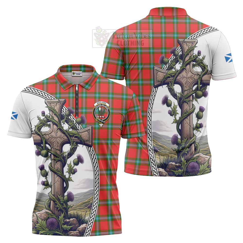 Tartan Vibes Clothing MacLaine (McLaine) Tartan Zipper Polo Shirt with Family Crest and St. Andrew's Cross Accented by Thistle Vines