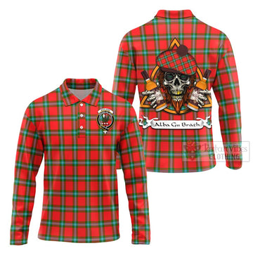 MacLaine (McLaine) Tartan Long Sleeve Polo Shirt with Family Crest and Bearded Skull Holding Bottles of Whiskey