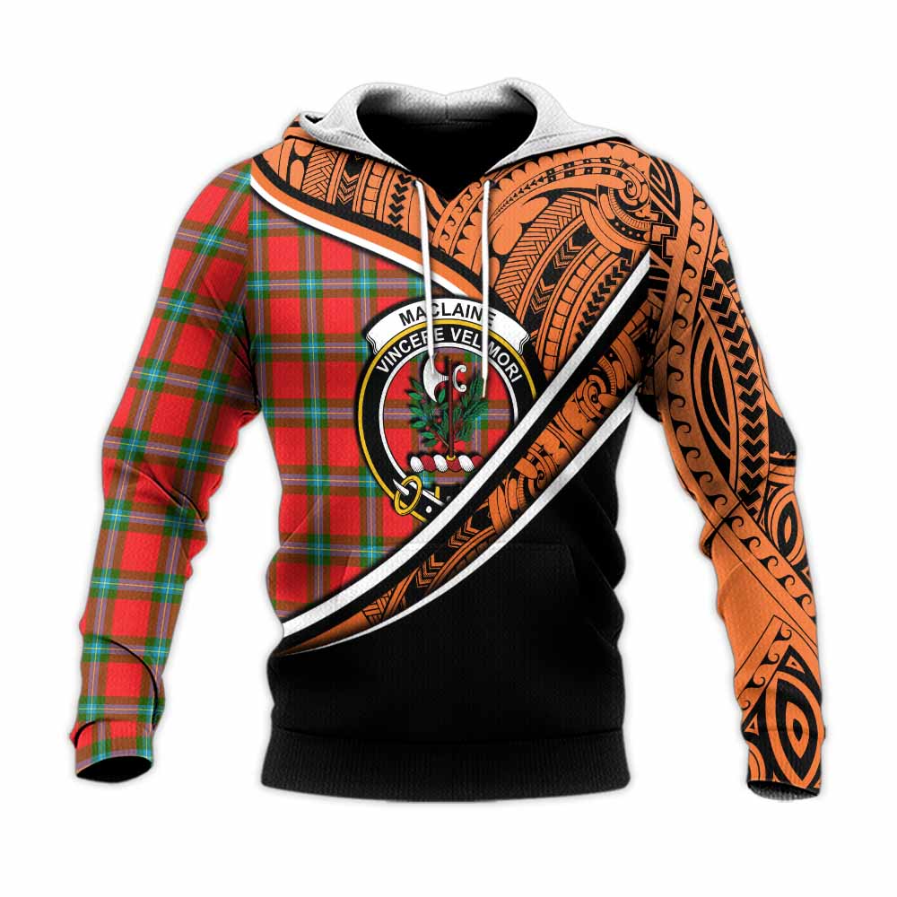 Tartan Vibes Clothing MacLaine (McLaine) Crest Tartan Knitted Hoodie with Maori Tattoo Style - Orange Version