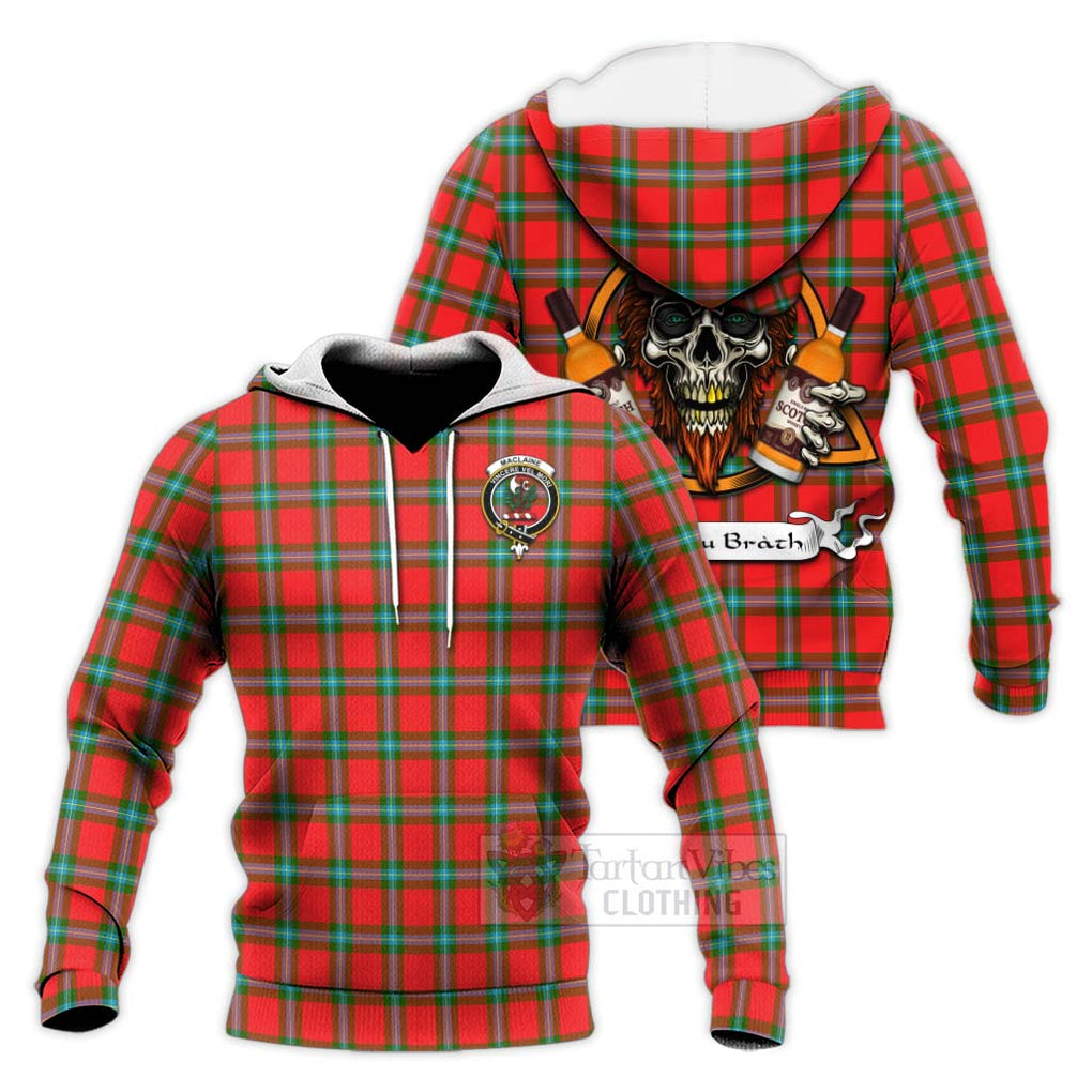 Tartan Vibes Clothing MacLaine (McLaine) Tartan Knitted Hoodie with Family Crest and Bearded Skull Holding Bottles of Whiskey