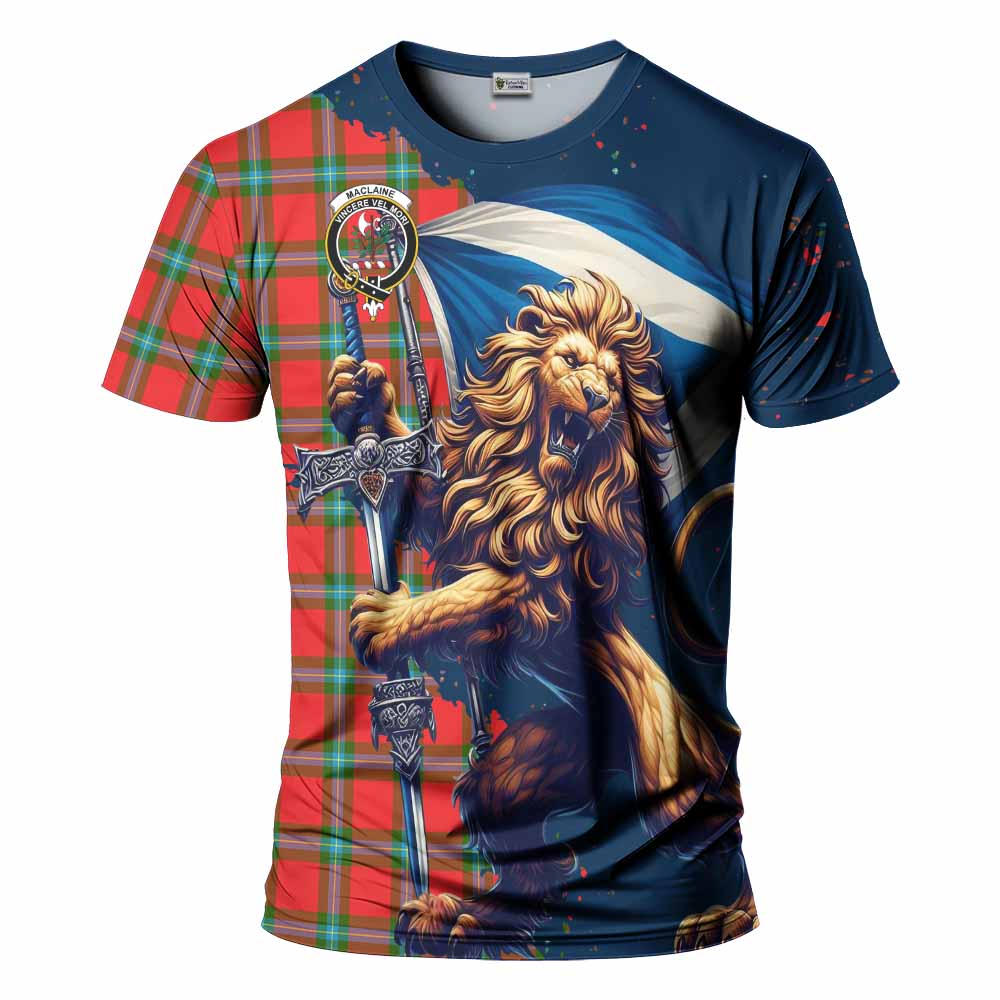 Tartan Vibes Clothing MacLaine (McLaine) Tartan Family Crest T-Shirt with Scottish Majestic Lion