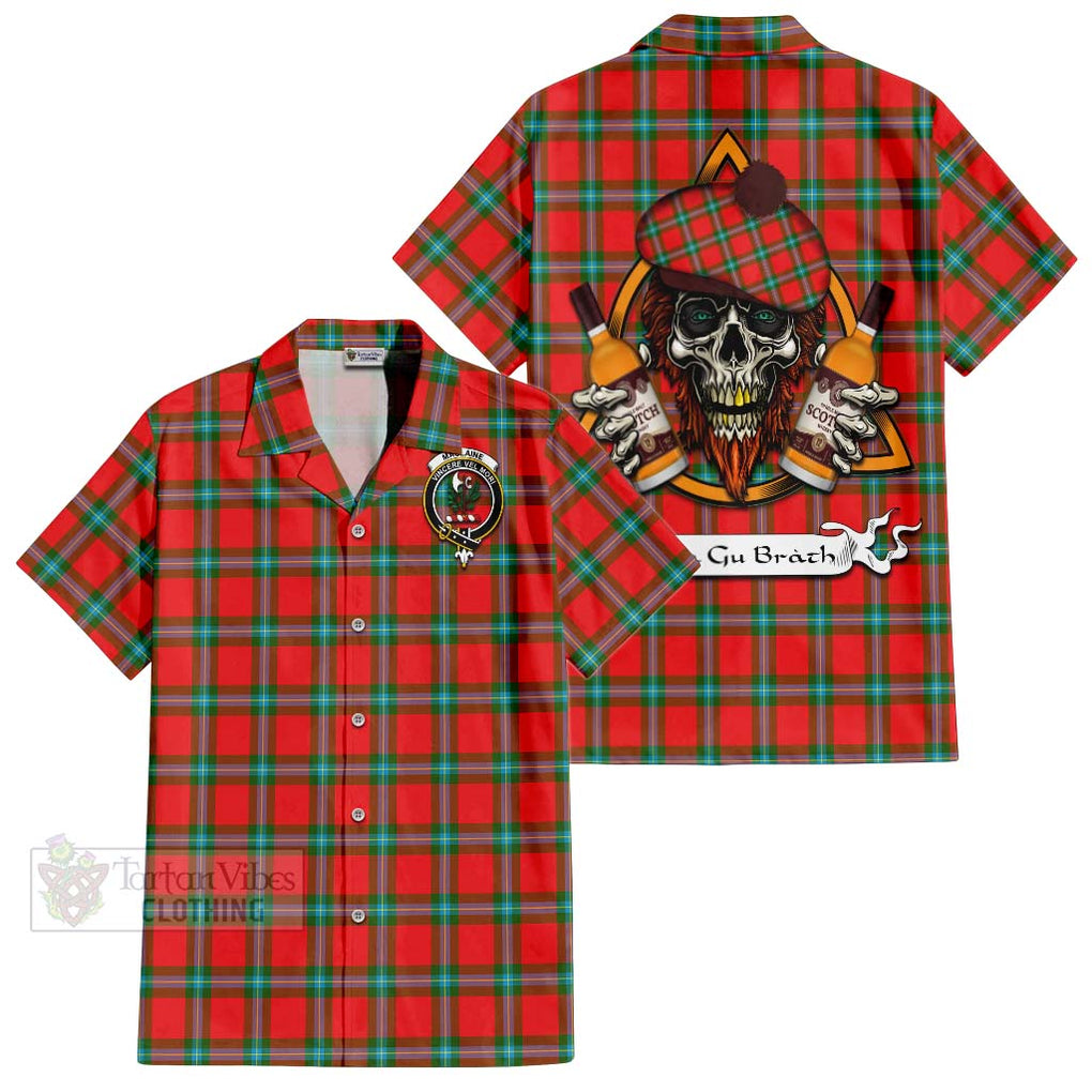 Tartan Vibes Clothing MacLaine (McLaine) Tartan Short Sleeve Button Shirt with Family Crest and Bearded Skull Holding Bottles of Whiskey