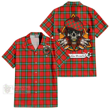 MacLaine (McLaine) Tartan Short Sleeve Button Shirt with Family Crest and Bearded Skull Holding Bottles of Whiskey