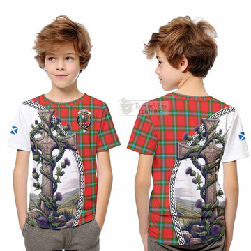 MacLaine (McLaine) Tartan Kid T-Shirt with Family Crest and St. Andrew's Cross Accented by Thistle Vines