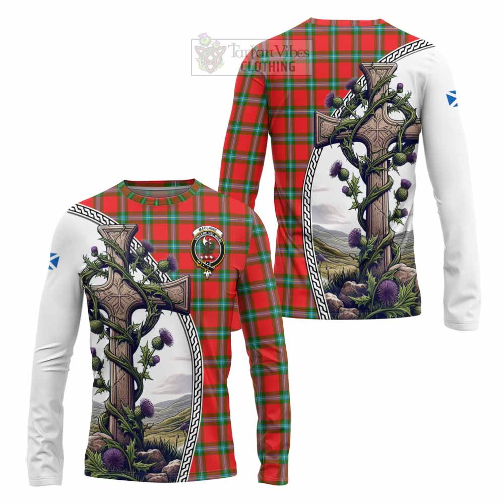 Tartan Vibes Clothing MacLaine (McLaine) Tartan Long Sleeve T-Shirt with Family Crest and St. Andrew's Cross Accented by Thistle Vines