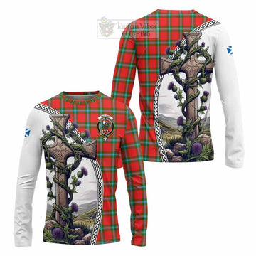 MacLaine (McLaine) Tartan Long Sleeve T-Shirt with Family Crest and St. Andrew's Cross Accented by Thistle Vines