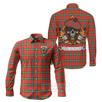 MacLaine (McLaine) Tartan Long Sleeve Button Shirt with Family Crest and Bearded Skull Holding Bottles of Whiskey