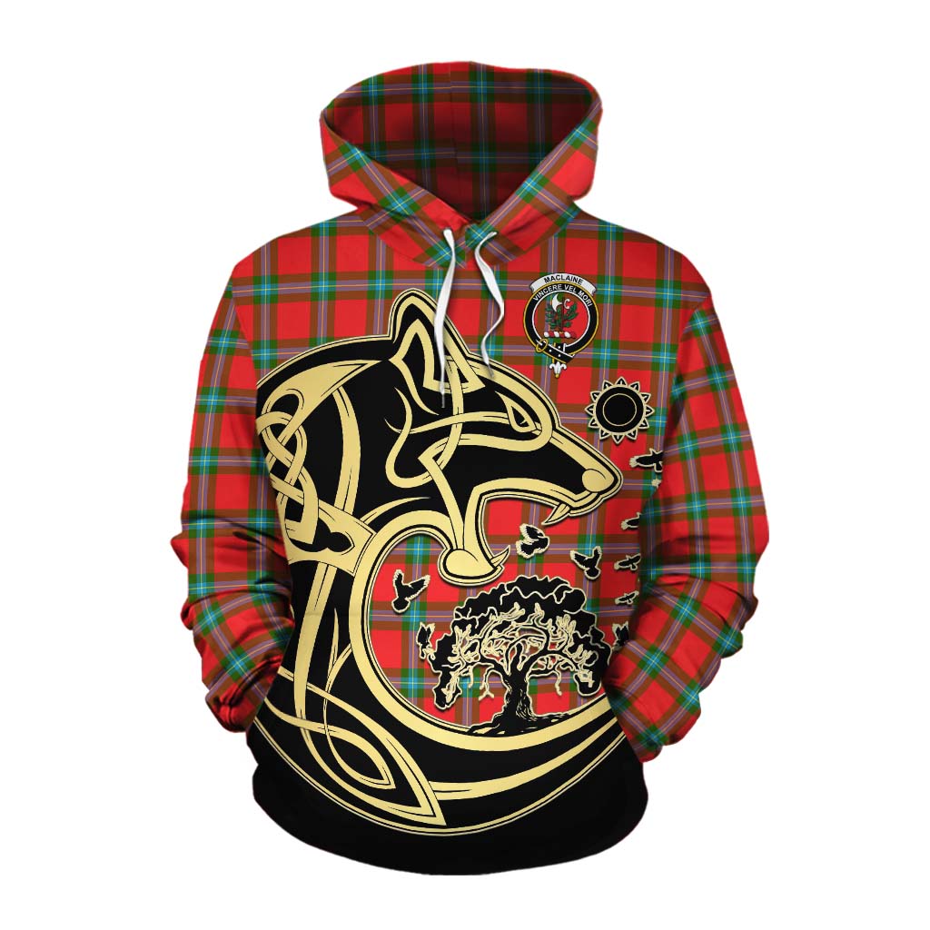 Tartan Vibes Clothing MacLaine (McLaine) Tartan Cotton Hoodie with Family Crest Celtic Wolf Style