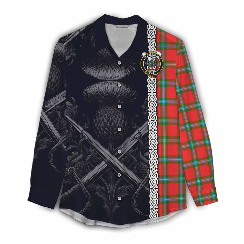 Tartan Vibes Clothing MacLaine (McLaine) Tartan Women's Casual Shirt with Family Crest Cross Sword Thistle Celtic Vibes