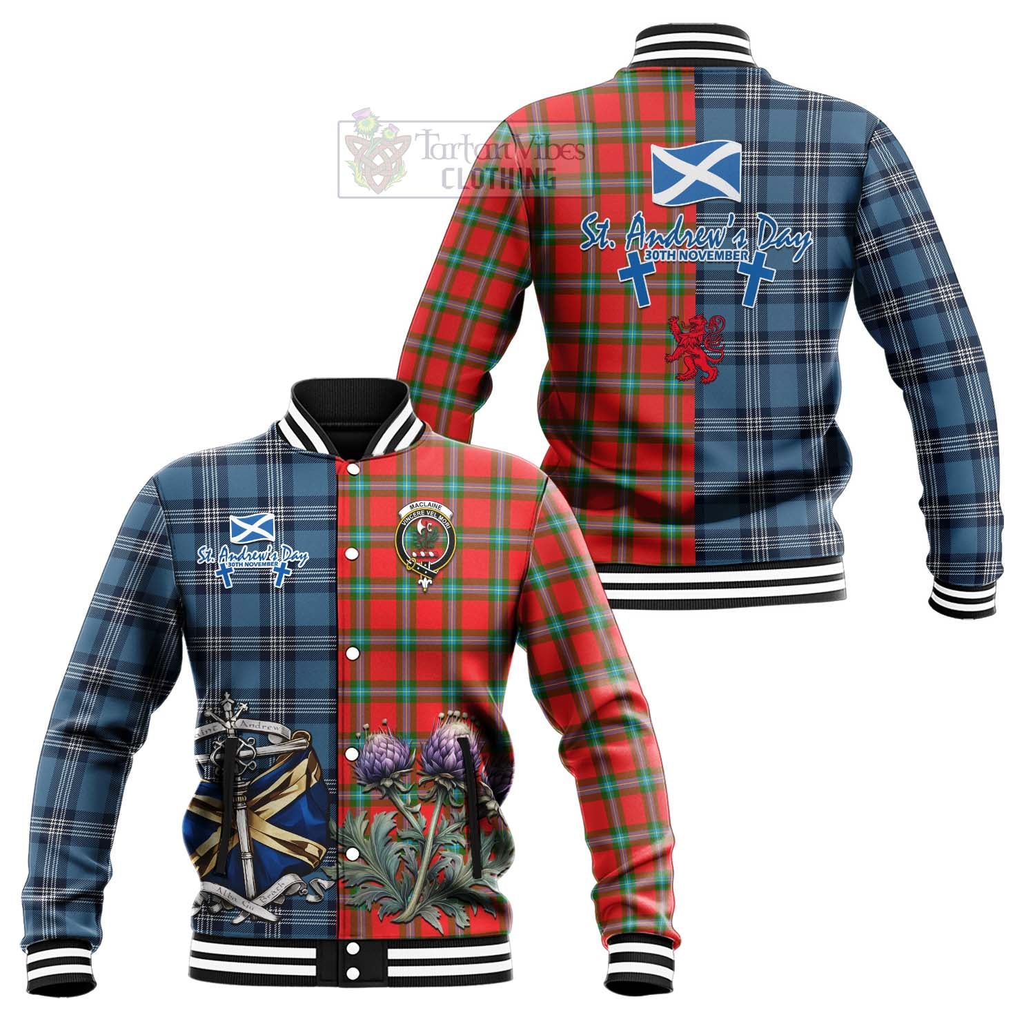 Tartan Vibes Clothing MacLaine (McLaine) Tartan Baseball Jacket Happy St. Andrew's Day Half Tartan Style