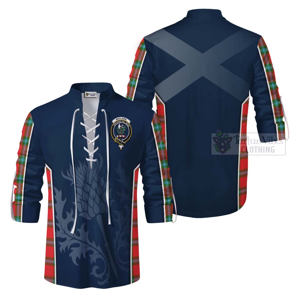 Tartan Vibes Clothing MacLaine (McLaine) Tartan Ghillie Kilt Shirt with Family Crest and Scottish Thistle Vibes Sport Style