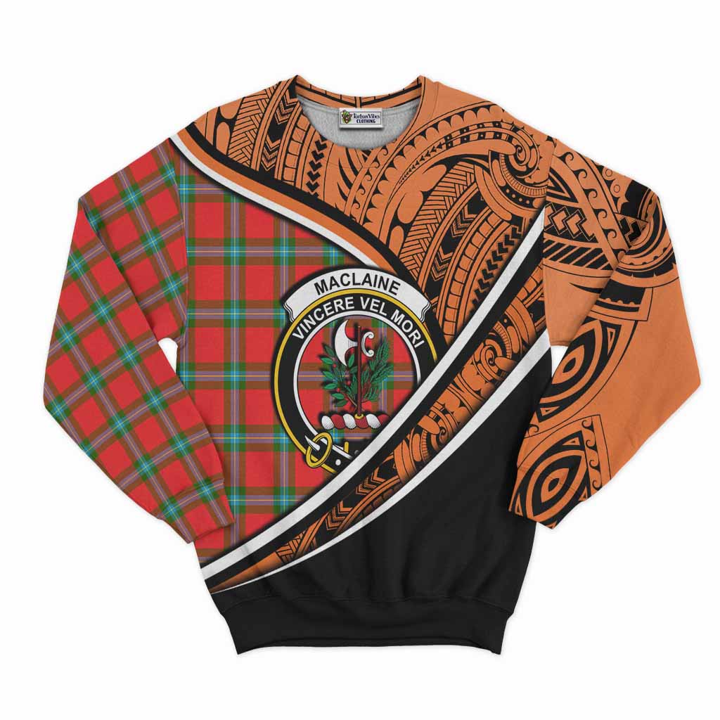 Tartan Vibes Clothing MacLaine (McLaine) Crest Tartan Sweatshirt with Maori Tattoo Style - Orange Version