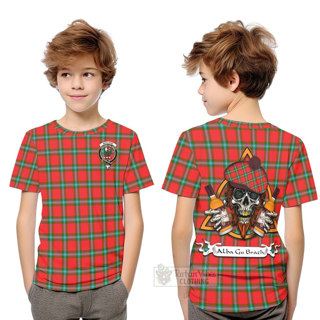 Tartan Vibes Clothing MacLaine (McLaine) Tartan Kid T-Shirt with Family Crest and Bearded Skull Holding Bottles of Whiskey