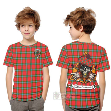 MacLaine (McLaine) Tartan Kid T-Shirt with Family Crest and Bearded Skull Holding Bottles of Whiskey