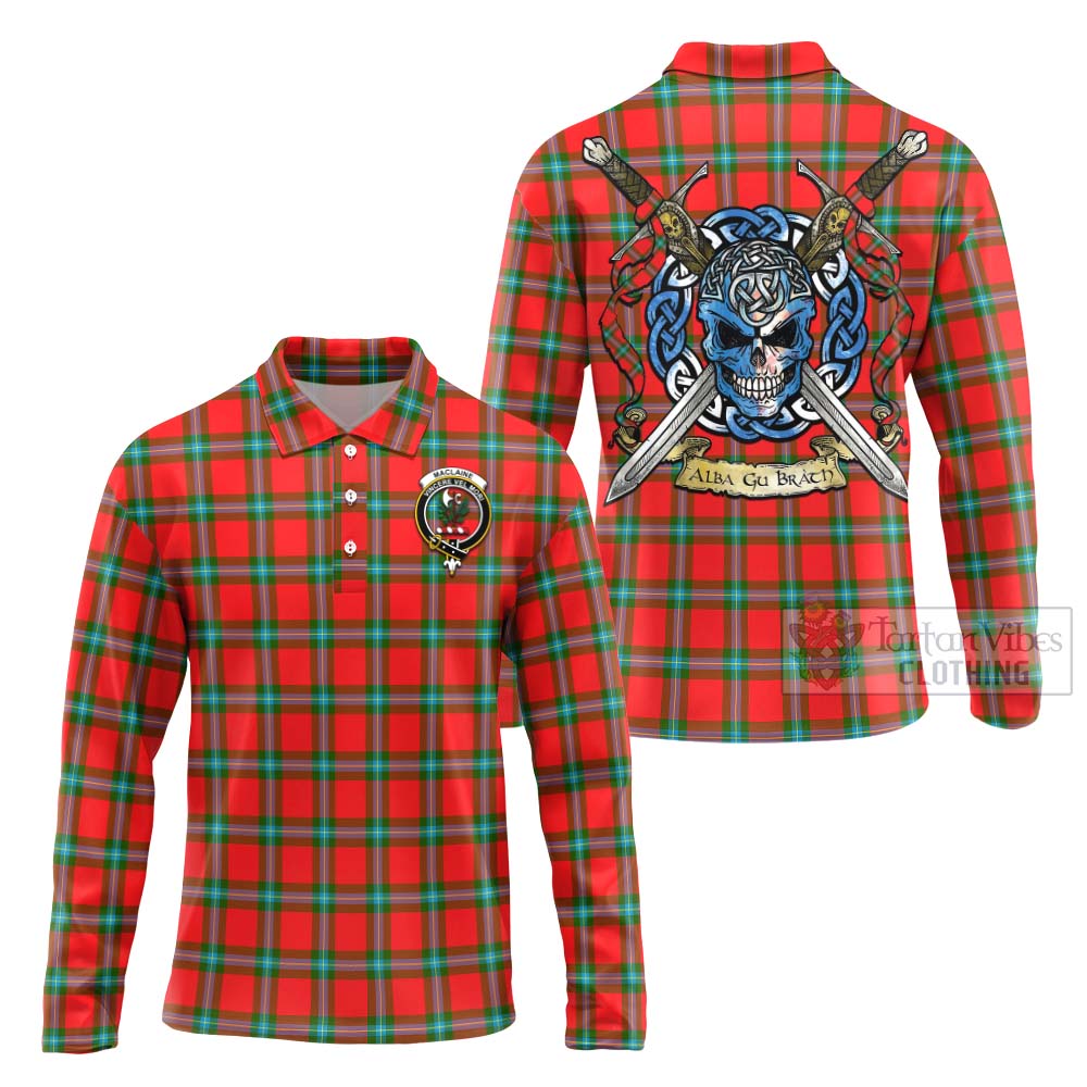 Tartan Vibes Clothing MacLaine (McLaine) Tartan Long Sleeve Polo Shirt with Family Crest Celtic Skull Style