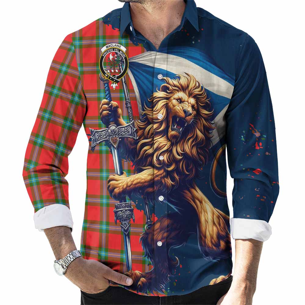 Tartan Vibes Clothing MacLaine (McLaine) Tartan Family Crest Long Sleeve Button Shirt with Scottish Majestic Lion