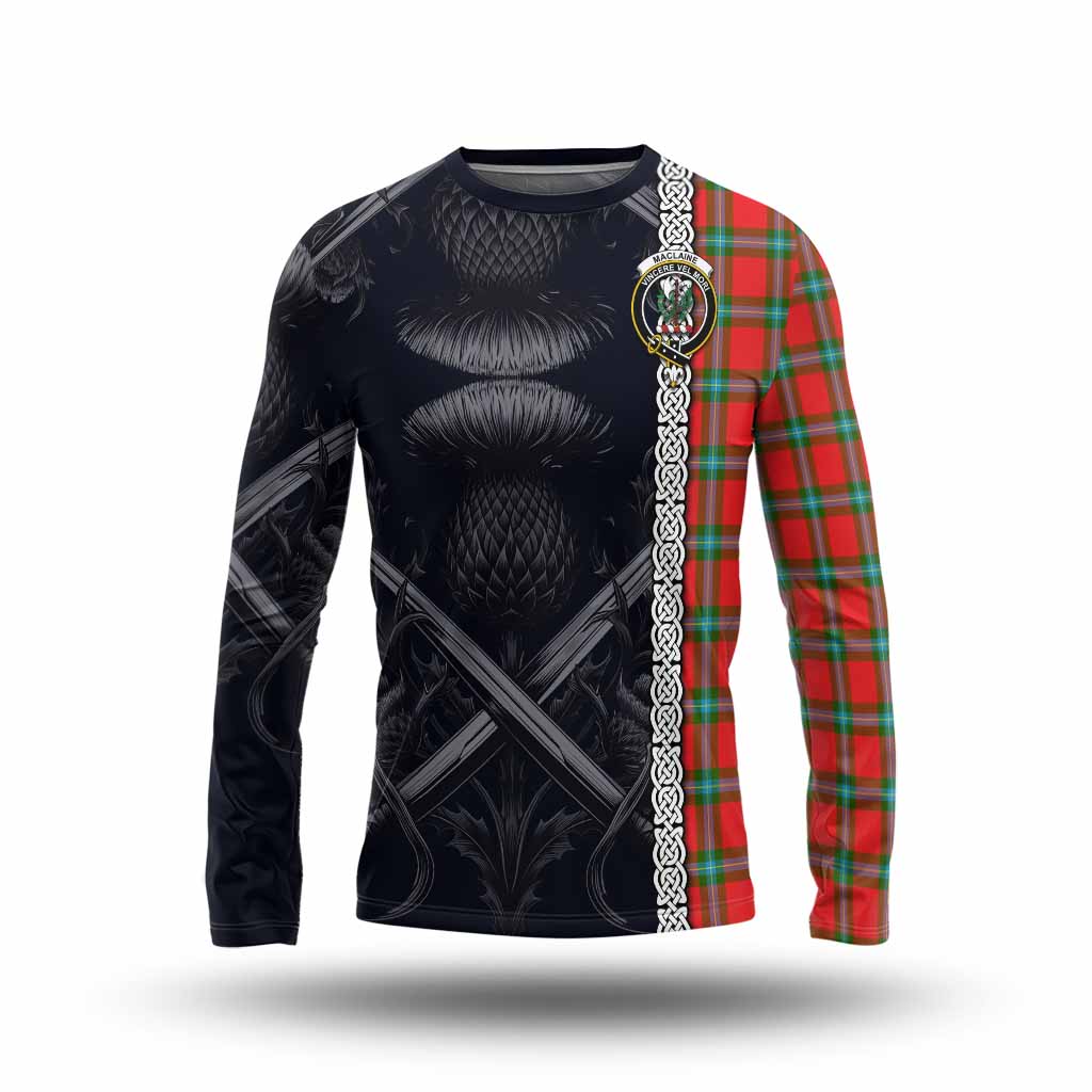 Tartan Vibes Clothing MacLaine (McLaine) Tartan Long Sleeve T-Shirt with Family Crest Cross Sword Thistle Celtic Vibes