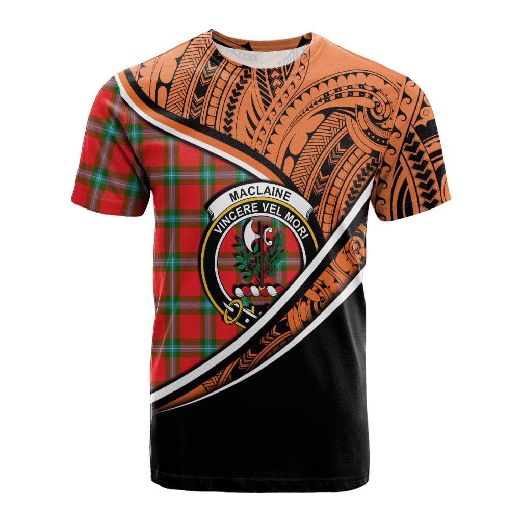 Tartan Vibes Clothing MacLaine (McLaine) Crest Tartan Cotton T-shirt with Maori Tattoo Style - Orange Version