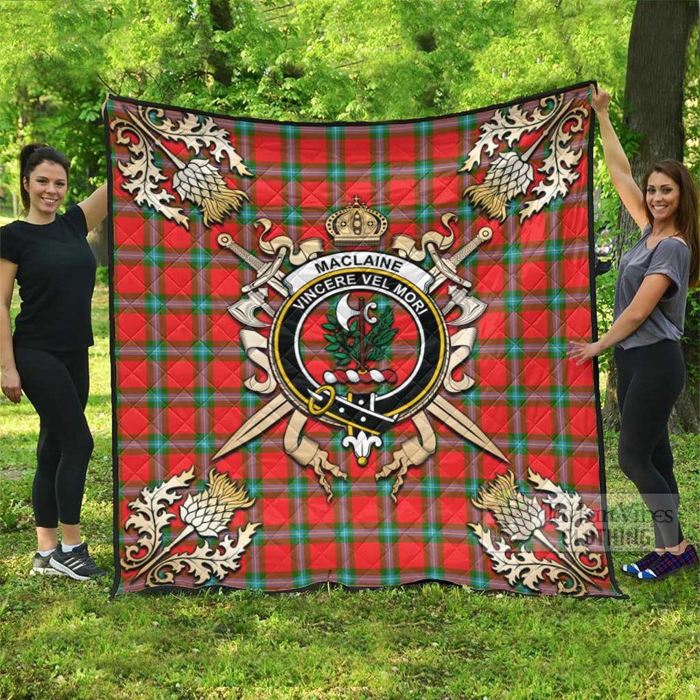 Tartan Vibes Clothing MacLaine (McLaine) Tartan Quilt with Family Crest and Scottish Golden Courage Shield