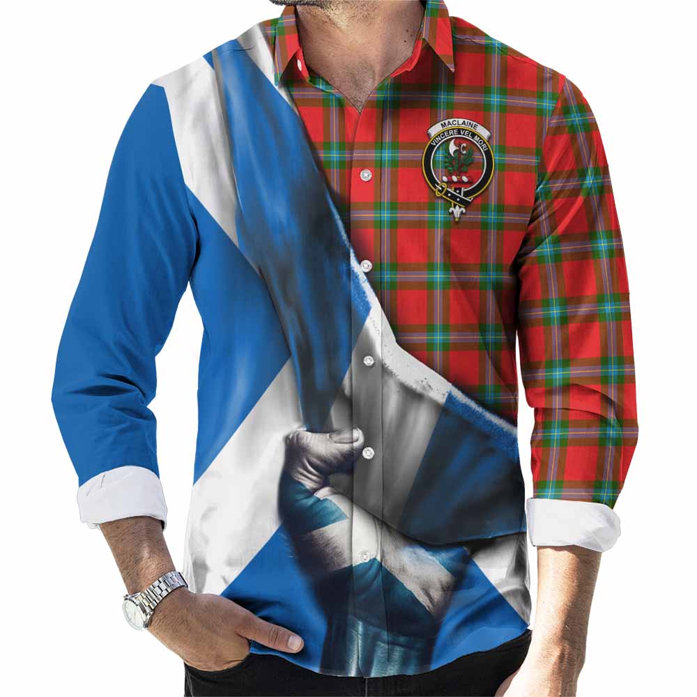 Tartan Vibes Clothing MacLaine (McLaine) Tartan Long Sleeve Button Shirt with Family Crest Scotland Patriotic Style