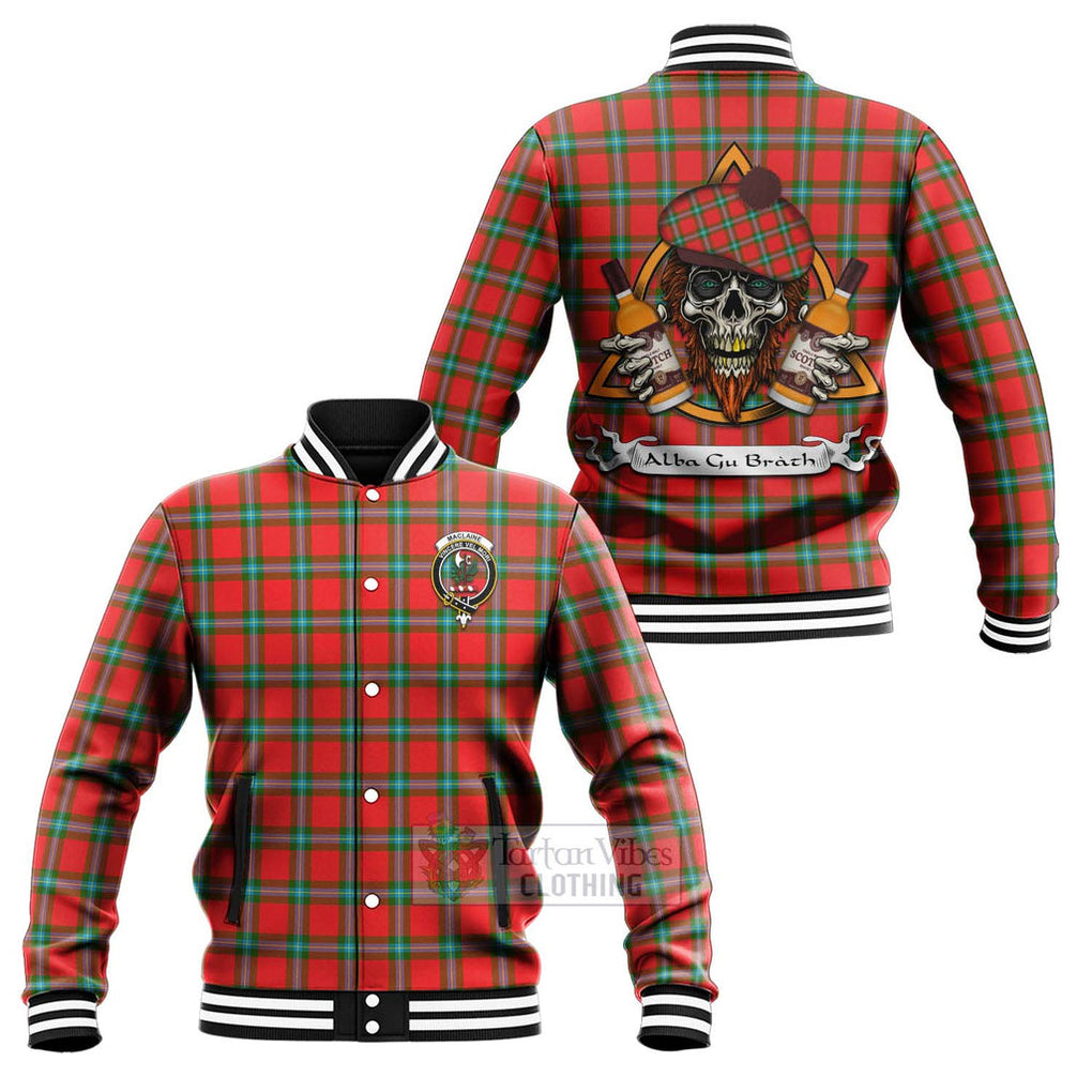 Tartan Vibes Clothing MacLaine (McLaine) Tartan Baseball Jacket with Family Crest and Bearded Skull Holding Bottles of Whiskey