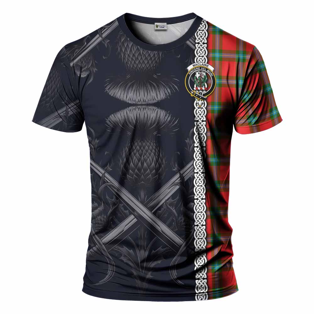 Tartan Vibes Clothing MacLaine (McLaine) Tartan T-Shirt with Family Crest Cross Sword Thistle Celtic Vibes