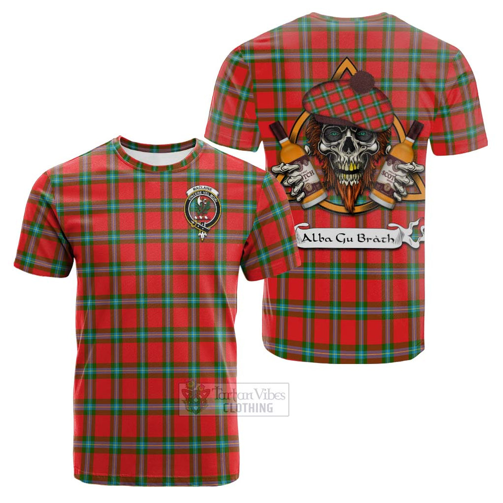 Tartan Vibes Clothing MacLaine (McLaine) Tartan Cotton T-shirt with Family Crest and Bearded Skull Holding Bottles of Whiskey