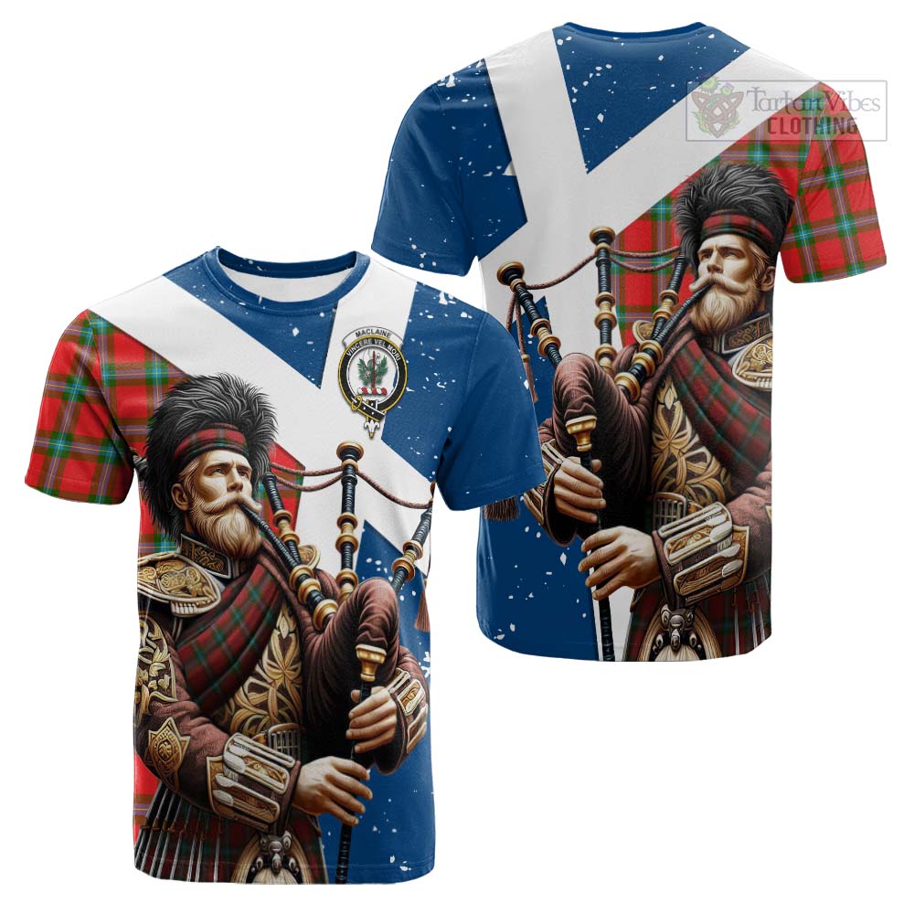 Tartan Vibes Clothing MacLaine (McLaine) Tartan Cotton T-shirt with Family Crest Scottish Bagpiper Vibes