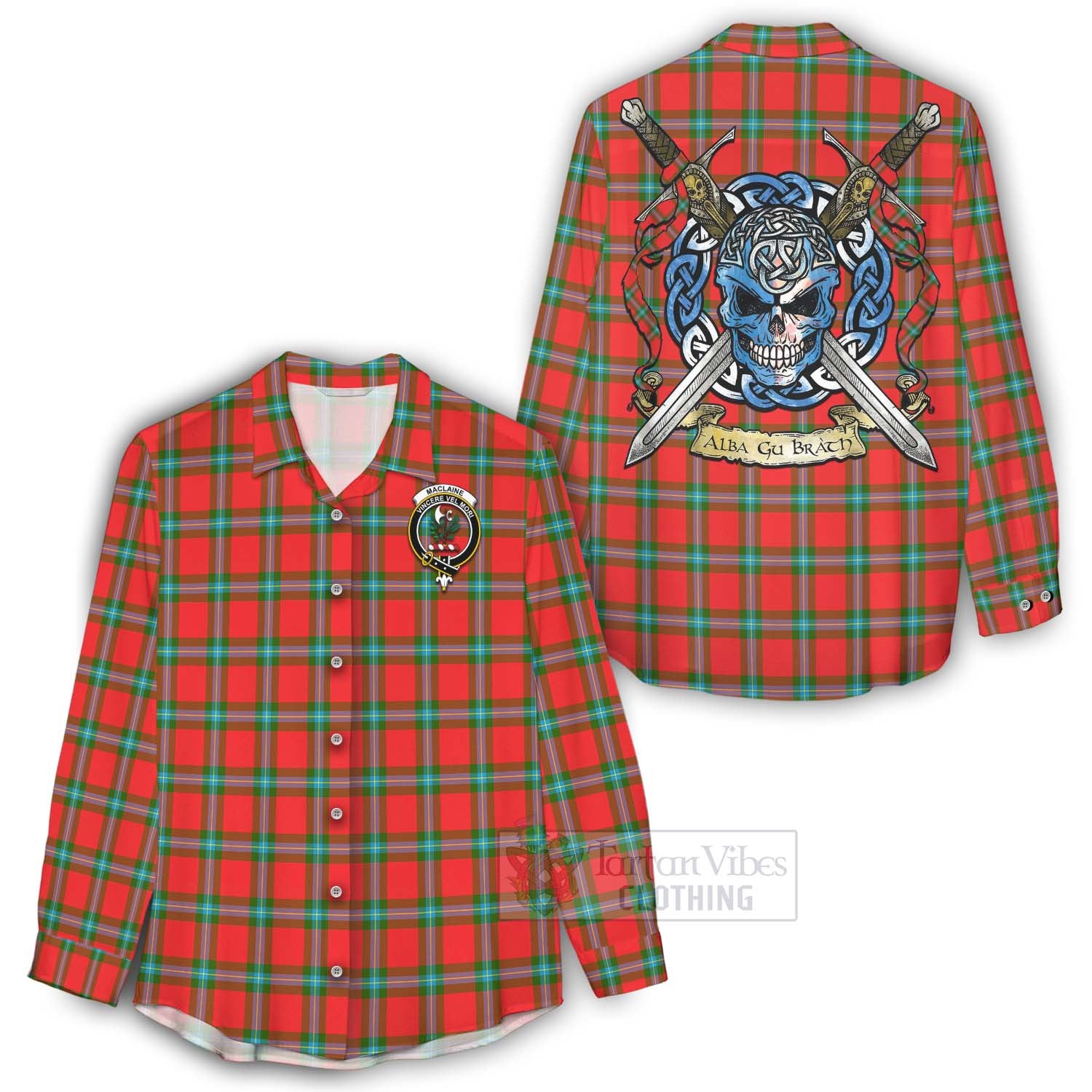 Tartan Vibes Clothing MacLaine (McLaine) Tartan Women's Casual Shirt with Family Crest Celtic Skull Style