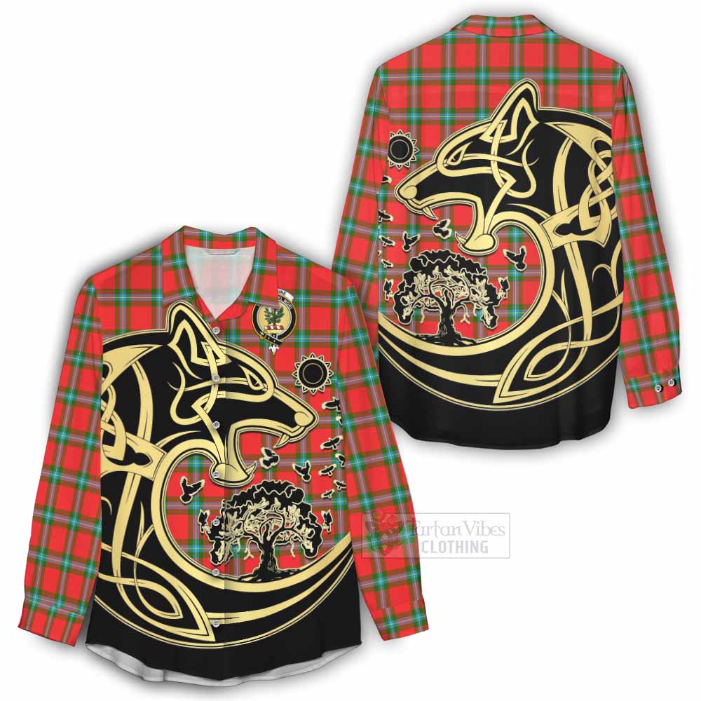 Tartan Vibes Clothing MacLaine (McLaine) Tartan Women's Casual Shirt with Family Crest Celtic Wolf Style